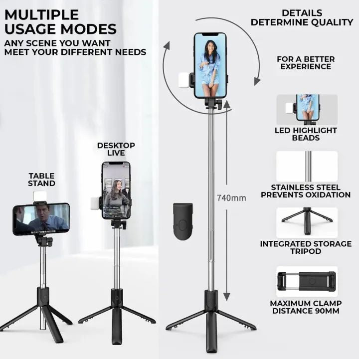R1s Bluetooth Selfie Sticks With Remote And Selfie Light 3-In-1 Multifunctional Selfie Stick Tripod Stand